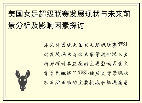 美国女足超级联赛发展现状与未来前景分析及影响因素探讨