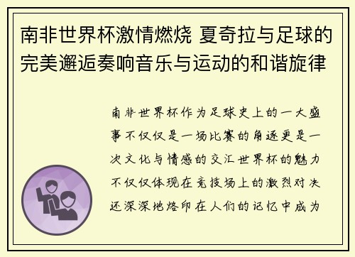 南非世界杯激情燃烧 夏奇拉与足球的完美邂逅奏响音乐与运动的和谐旋律
