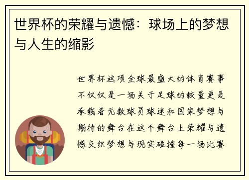 世界杯的荣耀与遗憾：球场上的梦想与人生的缩影